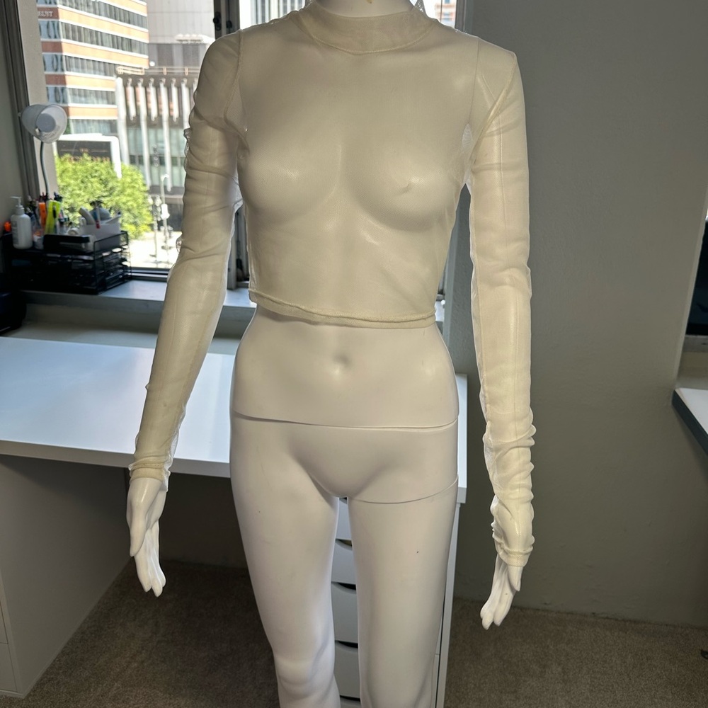 Sheer mesh White Long Sleeve Crop Top